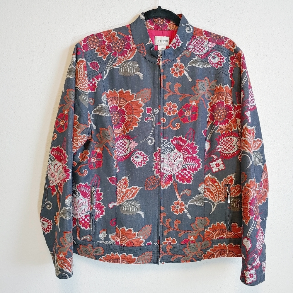 Chico's Floral Zip-Front Jacket in Gray, Pink & Orange